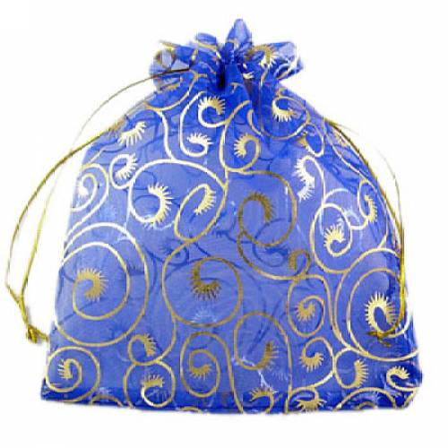 Organza Gift Bags - Golden Lines on - with Drawstring - Light Goldenrod Yellow - 12x10cm