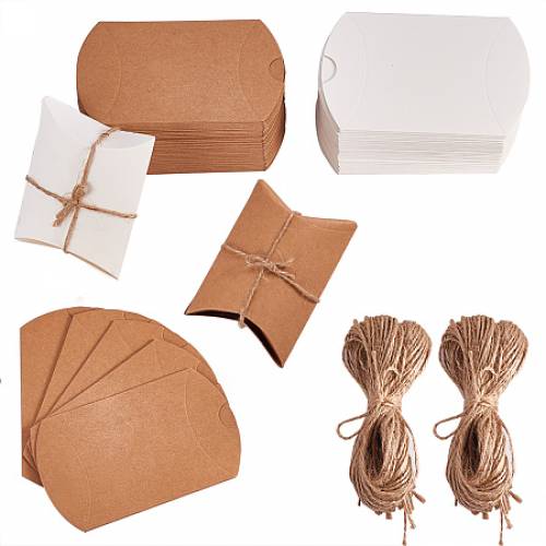 PandaHall Elite 100pcs Pillow Kraft Boxes Wedding Favor Gift Box Candy Boxes with Jute Twine Baby Shower Birthday Party Supplies (98 x 34 inches -...