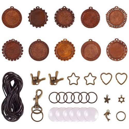 Pandahall Elite 20 Sets Wooden Bezel Pendant Trays and Glass Cabochon Clear Dome with 6 Sets Keychain Clasp - 16pcs Tibetan Charms - 50pcs Jump Rings...