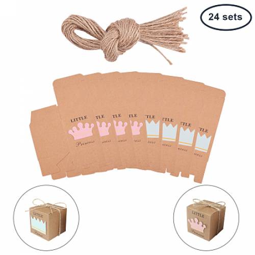 PandaHall Elite 24sets Kraft Gift Boxes Princess&Prince Wedding Favor Boxes Candy Boxes with Hemp Rope 2x2x2 inch Baby Shower Favor Boxes Party...