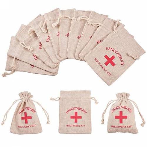 PandaHall Elite 30 Packs 5x3 inch Hangover Kit Bags Burlap Recovery Kit Bags Muslin Drawstring Bag Red Cross Bachelorette Survival Kit Bags for...