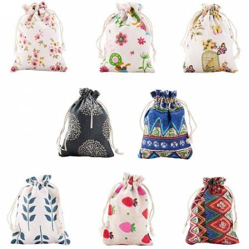 PandaHall Elite 32pcs 8 Styles Printed Drawstring Bags 14x10cm Polyester Cotton Pouches Favor Bag for Party Gift Small Item Packing
