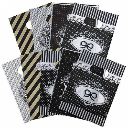 Pandahall Elite 500pcs Random Printed Plastic Gift Bags Cut Handle Plastic Bags Black Favor Treat Bags for Candy Jewelry Packaging 20x15cm