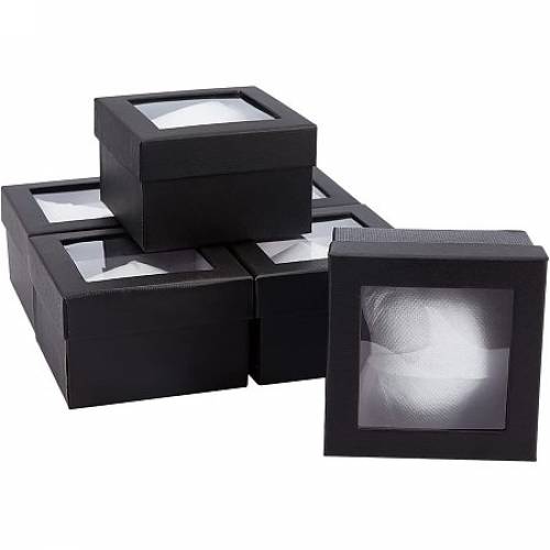Paper Gift Box for Watch - with Sponge & Clear Window - Square - Black - 9x9x6cm