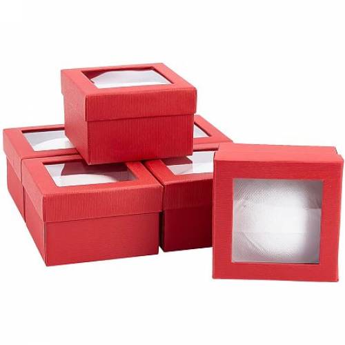 Paper Gift Box for Watch - with Sponge & Clear Window - Square - Red - 9x9x6cm