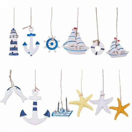 PH PandaHall 12 pcs Nautical Marine Decoration Kit - Starfish Boat Anchor Lighthouse Helm Anchor Swim Ring Home Mini Fishing Net Accessories Beach...