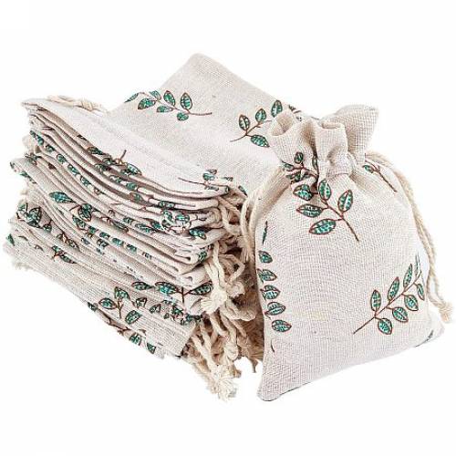 Polycotton(Polyester Cotton) Packing Pouches Drawstring Bags - with Printed Leaf - Wheat - 14x10cm
