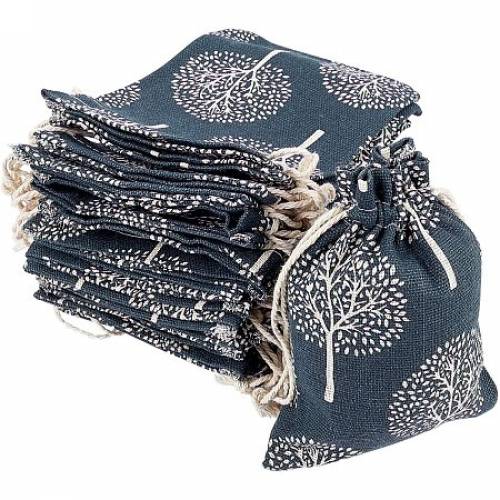 Polycotton(Polyester Cotton) Packing Pouches Drawstring Bags - with Printed Tree - Gray - 14x10cm