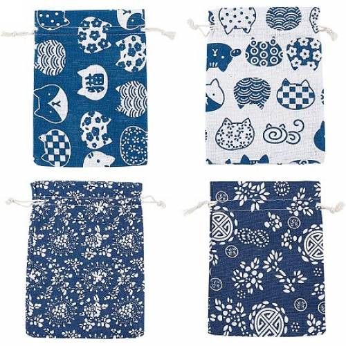 Printed Polycotton(Polyester Cotton) Pouches - Drawstring Bags - Mixed Patterns - 175~18x127~13cm; 4 colors - 6pcs/color - 24pcs/set