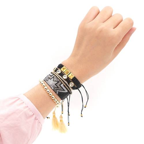 Female Punk Style Black Bracelets Diamond-studded Multi-layer Beaded Bangle Miyuki Rice Bead Woven Six-pointed Star Bracelet Set