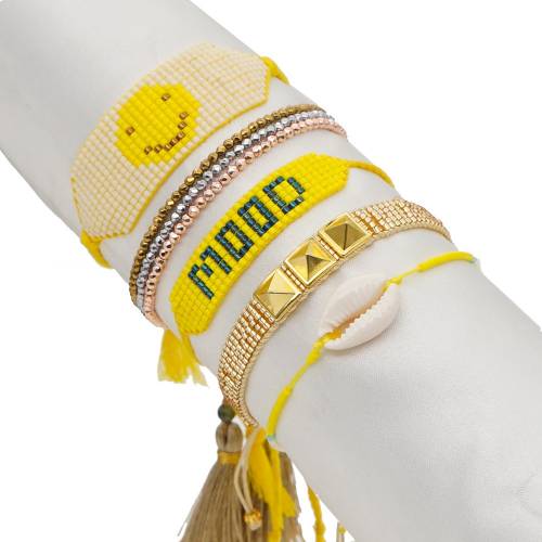 Personality Women Shell Tassel Rivet Bracelets Miyuki Rice Bead Wedding Smile Face Multi-layered Bracelet Yellow Bangle Set
