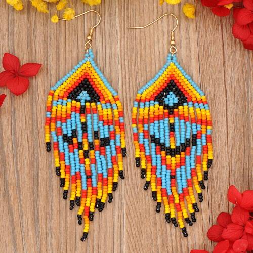 South American Retro Ethnic Style Beaded Miyuki Rice Bead Woven Long Geometric Tassel Earrings Female Long Earrings for Women