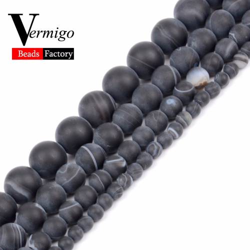 Natural Stone Beads Dull Polish Matte Black Stripe Agates Onyx Round Loose Beads For Jewelry Making 4 6 8 10 12mm
