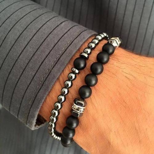 2020 New Fashion Men Bracelet Sets Charms Geometric Strand Matte Hematite Stone Beads Set Bracelet For Men Yoga Jewelry Gift