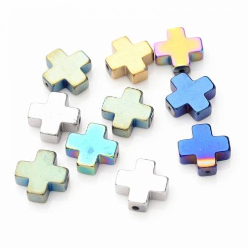 20pcs Mixed Color Greek Cross Electroplate Non-magnetic Synthetic Hematite Beads for jewelry making 8x8x3mm - Hole: 1mm F70