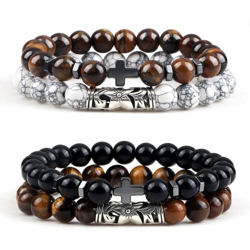 2pcs/set Charm Natural Tiger Eye Stone Men Bracelets 8mm Black Onyx Beads Hematite Cross Fashion Bangles Women Jewelry Pulseras