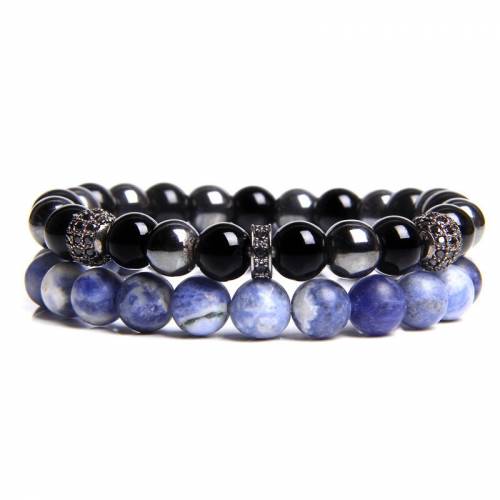 2Pcs/Set Hematite Black Onyx Sodalite Bracelet Set Natural Stone Beads Bracelets For Women Men CZ Charm Stretch Bangles Jewelry