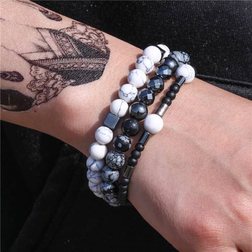 3Pc/Sets Natural Stone Elastic Men Bracelet Howlite Hematite Stone Charms Beads Bracelets Sets for Women Men Yoga Jewelry