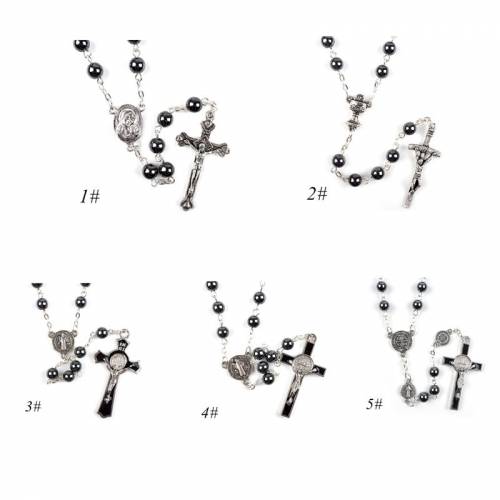 5 Styles Religion Cross Pendant Rosary Beads Necklace Catholic Long Chian Hematite Black Choker Jewelry For Unisex