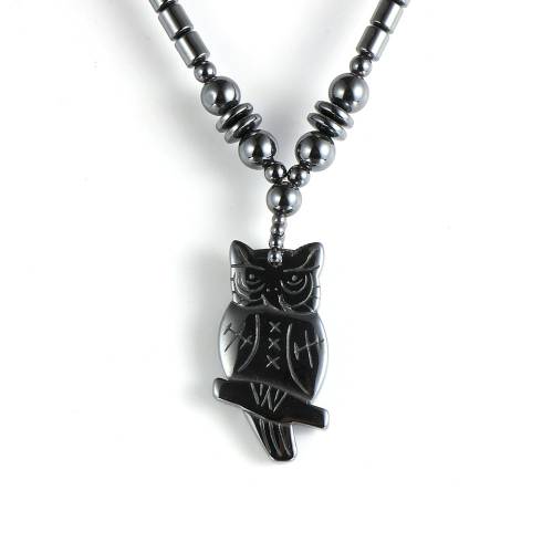 5A Black Hematite Animal Owl Pendant Necklace For Men Women 45cm Tube Natural Stone Beads Choker Necklace Female Jewelry 2020