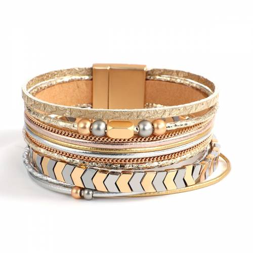 Amorcome Ethnic Leather Wrap Layered Bracelet Hematite Ball Arrow Beads Bracelet Multi-Strand Wide Cuff Bangles Women‘s Jewelry