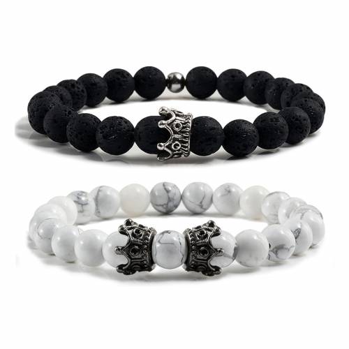 Charm Natural Stone Men Bracelet Crown Hematite  Black Lava Beads Couple Distance Bracelet Women Yoga Jewelry Gifts