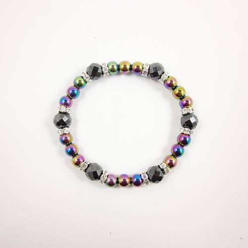 Fashion Black Hematite Faced Beads and Rainbow Color Round Beads Bracelet for Women Handmade Jewelry