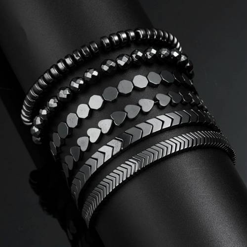 Fashion Black Hematite Stone Beads Men Bracelet Woven Jewelry Heart Geometric Arrow Shaped Braid Rope Adjustable Friendship Gift