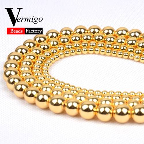 High Quality Gold Hematite Natural Stone Round Loose Beads For Beadwork Jewelry Making 4 6 8 10mm Diy Bracelet 15Strand Perles