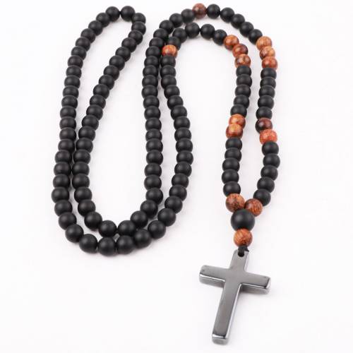 High Quality New Design Natural Stone Matte Onyx Beads Hematite Cross Charm Pendant Necklace For Men
