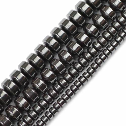 JHNBY Cylinder Black Hematite Beads 4/6/8/10MM Natural Stone Geometric Flat Round Loose Beads For Jewelry Bracelet Making DIY