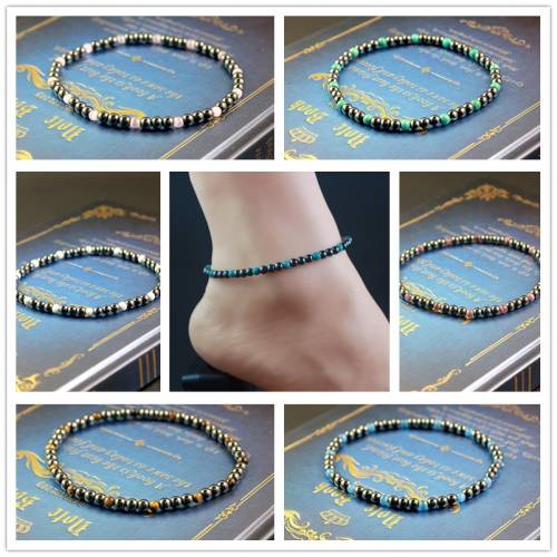 Magnetic Hematite Round Beads Beaded Anklet 4MM Strechy Anklet with Cat Eye Stone Handmade Jewelry Health-care ANK1007