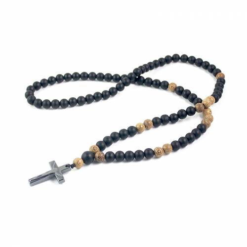 Matte Black and Wood Beads 8mm with Hematite Cross Pendant Necklace Rosary Mens Jewelry NSN011