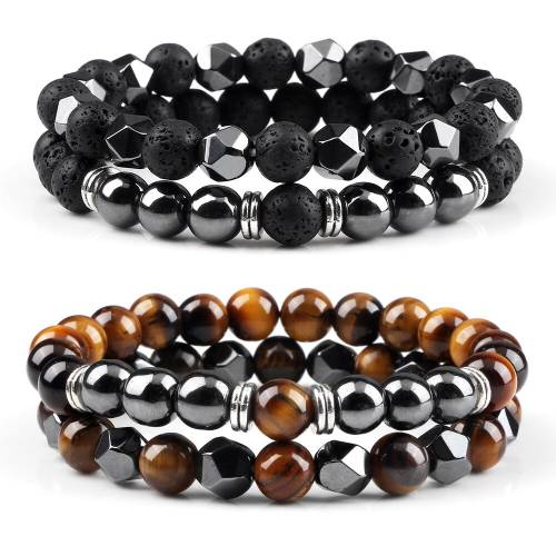 Men Hematite Energy Beads Bracelets Set Tiger Eye Stone Stretch Bracelet&Bangles for Women Jewelry Gift Lover Wristband Pulsera