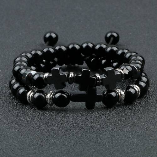 Mens Hematite Cross Bracelet 8mm Charm Natural Black Onyx Stone Beads Bangle Women Yoga Paryer Jewelry Gifts pulsera hombre