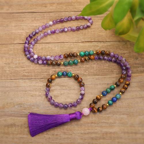 Natural Amethyst Stone Jewelry Sets Tigers Eye - 108 Beads Necklace Chrysocolla Azurite with 6MM Hematite Bracelet Women Men
