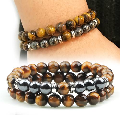 New 2pcs Men Tiger Eye Stone Bracelet Charm Hematite Natural Lava Rock Beads Strand Bracelets & Bangles for Women Energy Jewelry