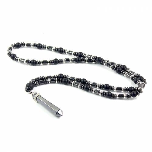New Design Black Men‘s Pendant Long Necklace 8mm Matte Black Stone Beads Hematite Fashion Jewelry