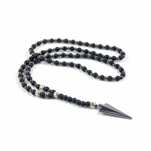 New Design Matte Black Onyx 6mm Round Beads and Hematite Beads 4mm Long Necklace with Arrow Pendant Fashion Men‘s Jewelry