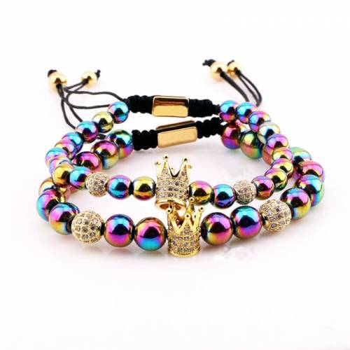 New Fashion Male Lady Jewelry Bracelet Rainbow Hematite Beads CZ Crown Charm Macrame Bracelet Men Women