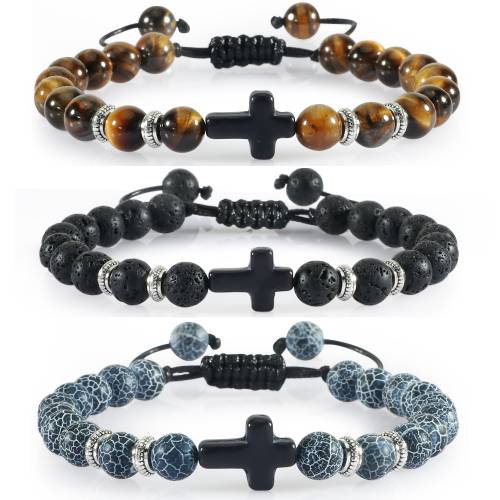 New Natural Tiger Eye Lava Stone Onyx Meditation Beads Bracelet For Women Men Hematite Cross Prayer Bracelets Yoga Jewelry Gifts