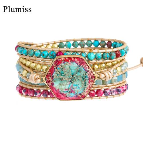 Plumiss Newest Hexagon Blue Pink Emperor Stone Wrap Bracelets for Women Geometric Crystal Hematite Beads Bracelet Natural Stone