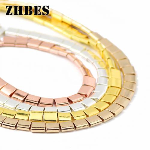 ZHBES Natural Stone Gold Silvers Flat Square Hematite Double hole Spacer Loose Beads For Jewelry Making Bracelets DIY Findings