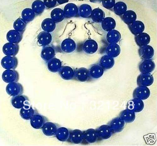 10mm blue natural stone dyed jades chalcedony round beads necklace bracelet earring for women elegant jewelry set 18/75
