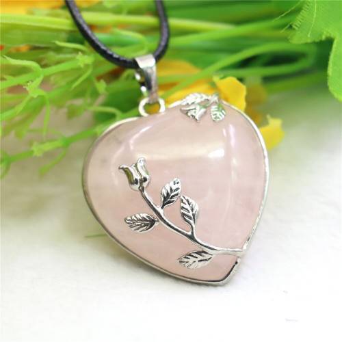 32mm Heart Shape Flowers Pink Crystal Jades Pendant Natural Stone Beads Alloy Extendable Clasp Women Girls Black Rope Chain DIY