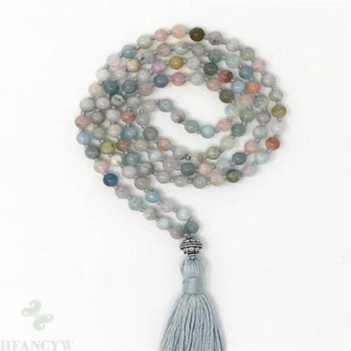 6mm 108 Beads Morganite Gemstone knot Tassel Mala necklace energy Handmade Veins yoga MONK pray cuff Meditation Lucky chain