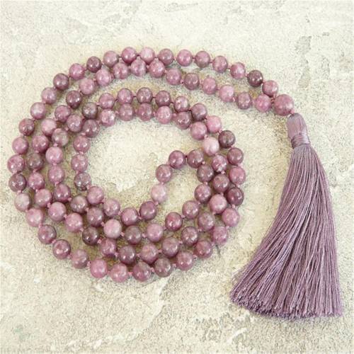 6mm Lepidolite Gemstone 108 Beads Mala Tassel Necklace Yoga Buddhism Ruyi Bless Meditation Chakra Classic