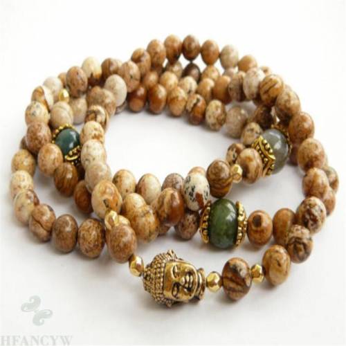 6mm Picture stone Gemstone Mala Bracelet 108 Beads spirituality Lucky Chakas cuff yoga Handmade Gemstone MONK energy natural