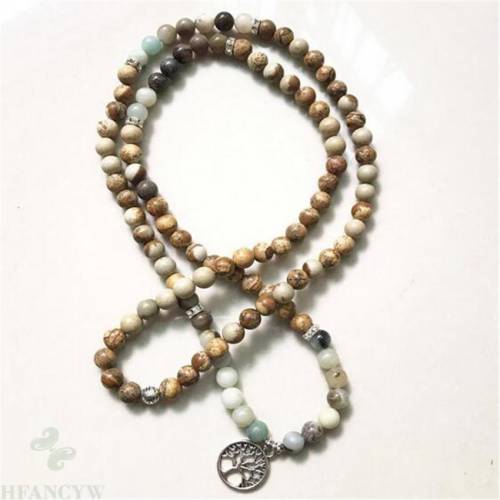 8mm Amazonite Picture stone 108 Beads Gemstone Mala Necklace MONK natural cuff pray Veins Bless Wristband energy Buddhism Sutra
