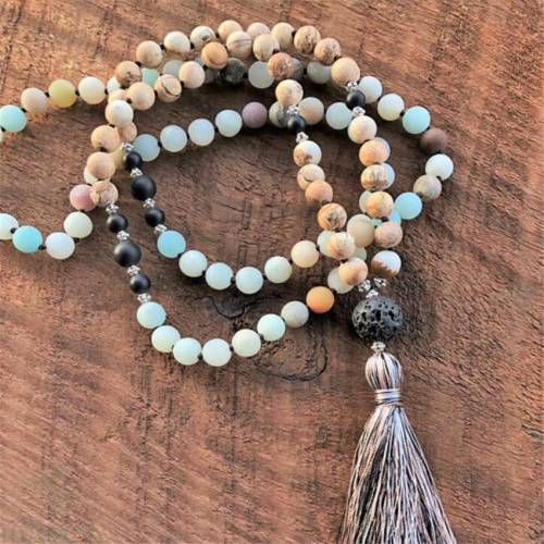 8mm Amazonium Picture stone 108 Beads Tassel Mala necklace Wrist Lucky energy pray Meditation MONK Hot